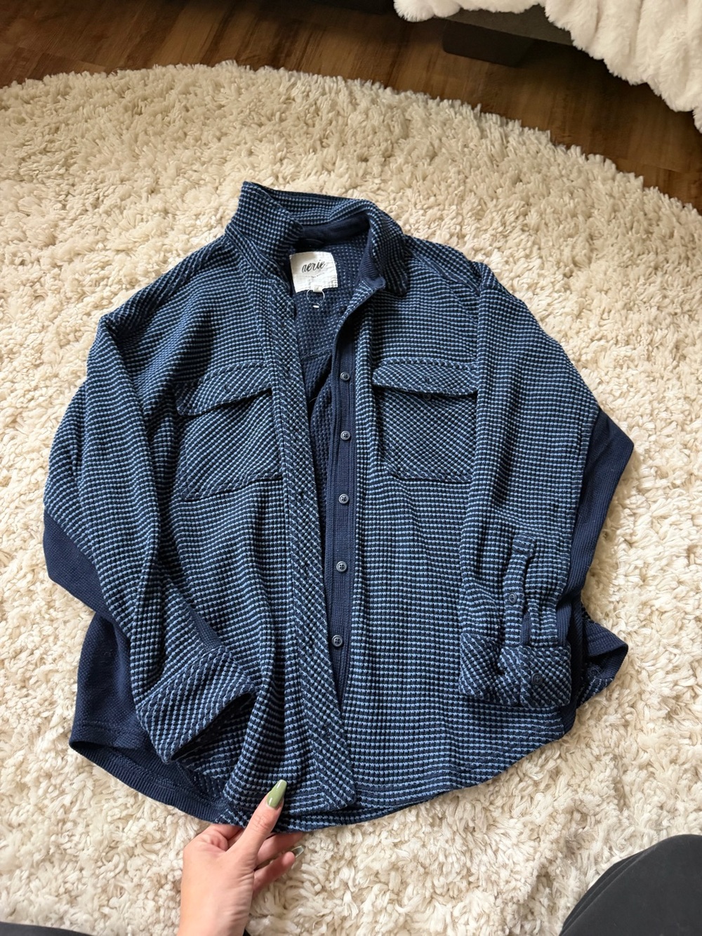 aerie Navy Textured Button-Up Shirt comfy button up fall autumn women’s Jacket